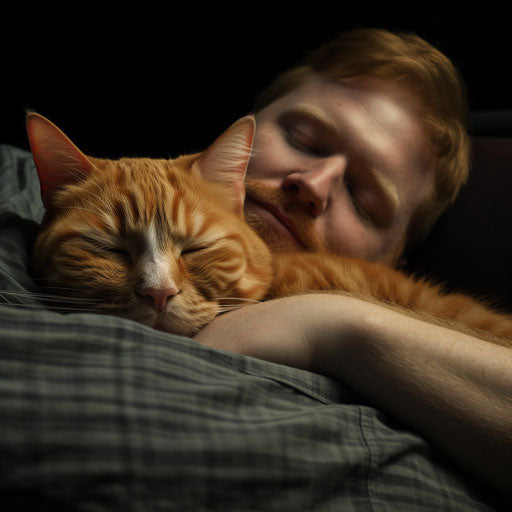 Ginger cat sleeping on a couch with its owner