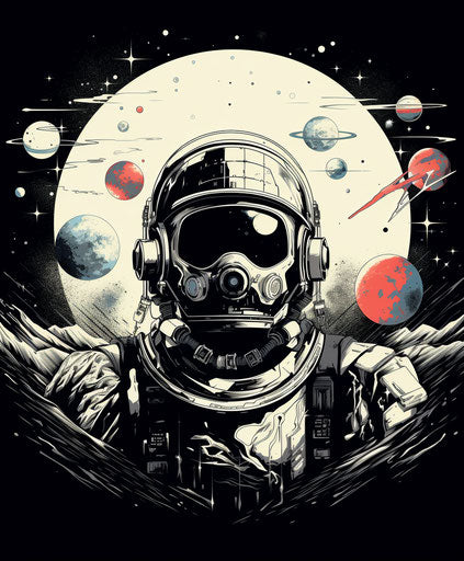 Spaceman, strong graphic elements, esoteric symbolism, salvagepunk, geometric, terrorwave, mono-ha