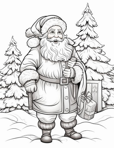 Santa Claus in winter attire, animated exuberant style coloring page, pictorial 24:31