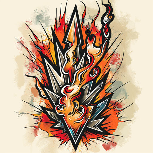 Bold sketch of a lightning bolt surrounded by red and orange flames