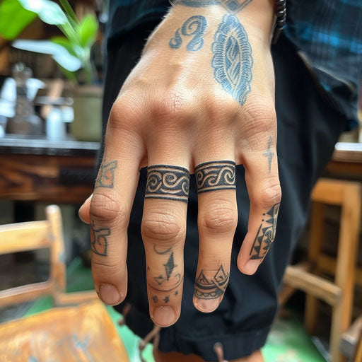 Tribal band tattoo, Glenn Fabry style, on the finger
