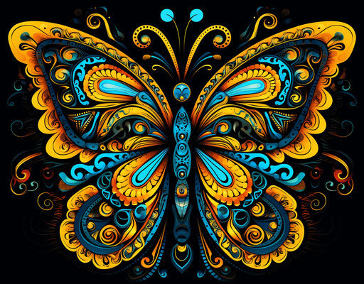 Blue and yellow butterfly tattoo, Dayak art style