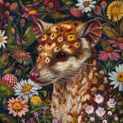 Vibrant portrait of a tiger quoll with blooming wildflowers