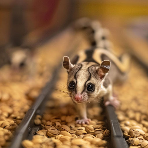 A sugar glider racing with other small animals on a custom track.