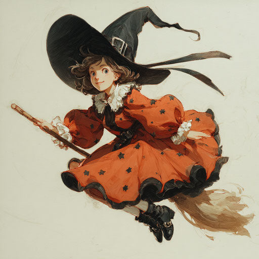 Young witch flying on a broom across the sky