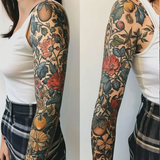 Sleeve tattoo with detailed botanical illustrations