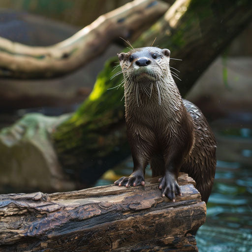 Otter standing upright on a log