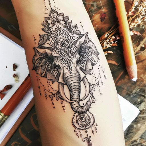 Intricate elephant tattoo sketch with mandala patterns for wrist coverup tattoo for women