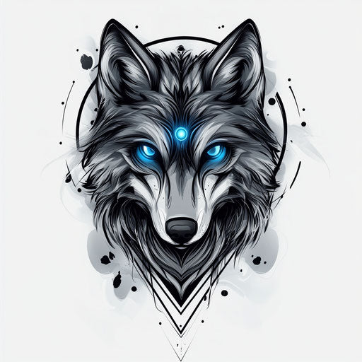 Alpha tattoo with surrealistic wolf design and glowing eyes