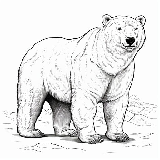 A polar bear in realistic drawing, simple black outlines