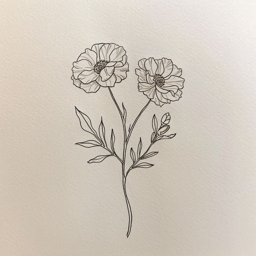 Zen style tattoo sketch of marigolds with minimalist lines and a tranquil, meditative color palette