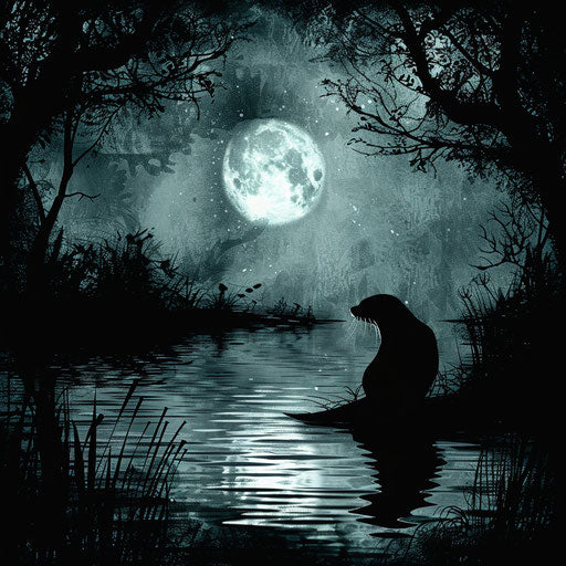 Magical night with an otter silhouetted on a moonlit pond