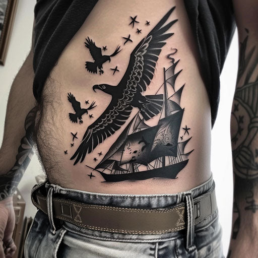 Bold dark tattoo design with black flag and fierce eagles