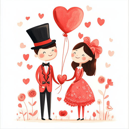 Valentine's Day couple cartoon, roses and heart balloons