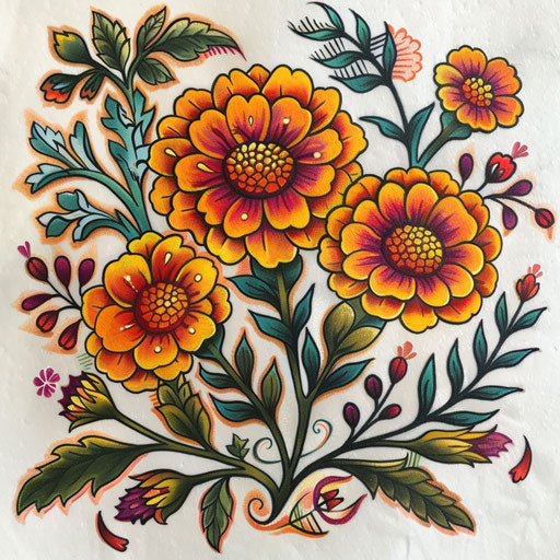 Folk art inspired tattoo sketch of marigolds with traditional patterns and vibrant colors, celebrating October birth flowers