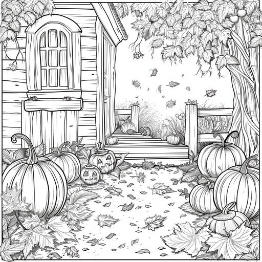 Cozy autumn scene with pumpkins and falling leaves for Halloween