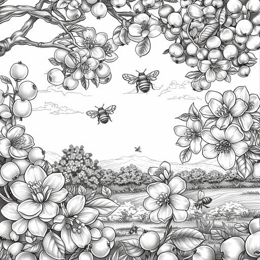Swarm of bees flying over a blooming orchard