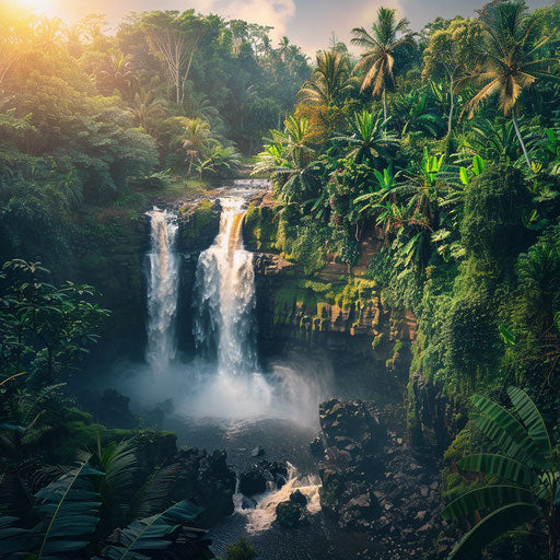 Tegenungan Waterfall with lush jungle and exotic plants