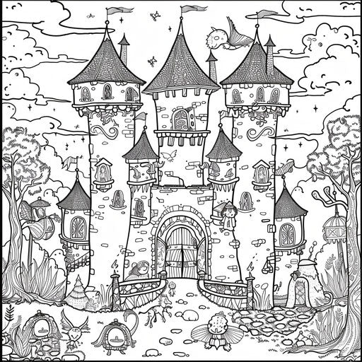Woodland castle with playful animals and fairies