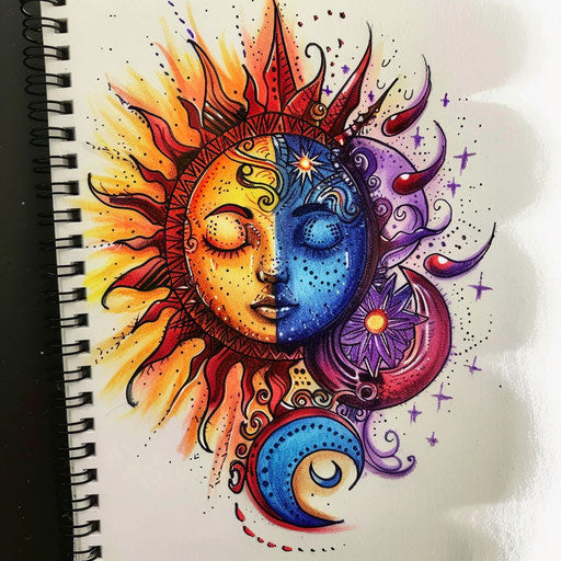 Bohemian tattoo sketch of a sun and moon with tribal patterns, vibrant tribal colors
