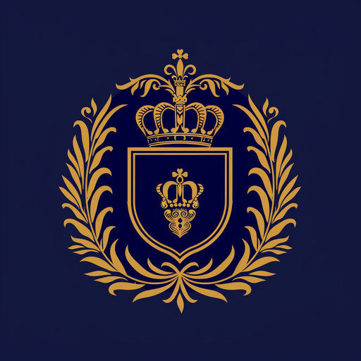 Classic logo with a traditional serif font and a royal crest, in navy blue and gold