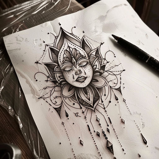 Cultural flat tattoo sketch of a crying heart with traditional folk motifs