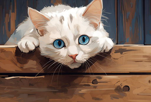 White cat on wooden floor, strong facial expression