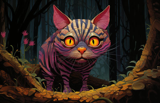 A striped cat walking along a log in the jungle