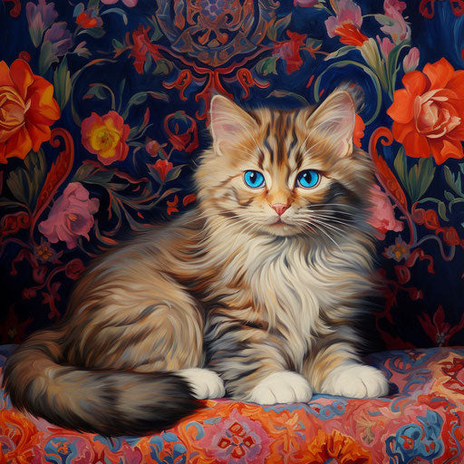 Louis Wain cat laying on a carpet