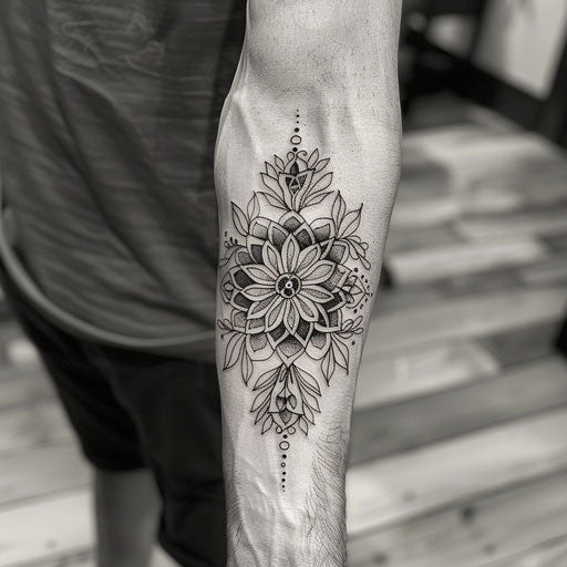 Men's forearm tattoo floral mandala, Maria Sibylla Merian style