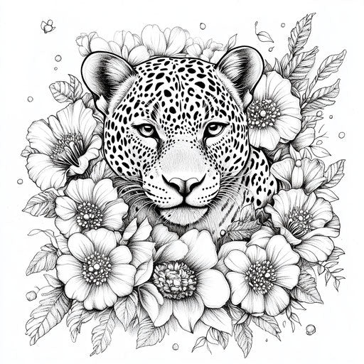Elegant jaguar surrounded by floral designs