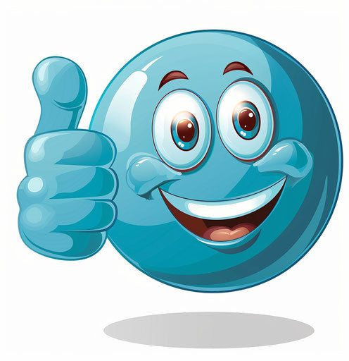 Smiling blue ball with thumbs up on white background