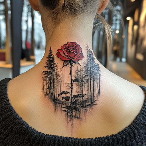 Rose neck tattoo in the style of Peter Jackson with a rose in a mystical forest setting
