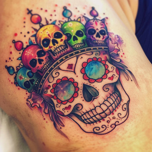 Crown of seven small colorful skulls on a sugar skull
