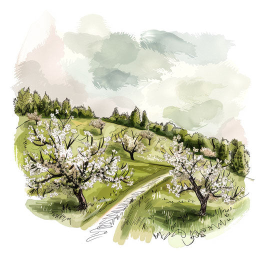 White orchard landscape in spring, clipart style