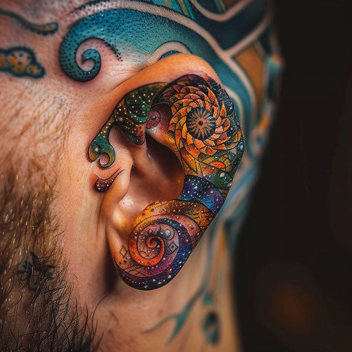 Ear tattoos in the style of Guy Aitchison with cosmic, colorful patterns