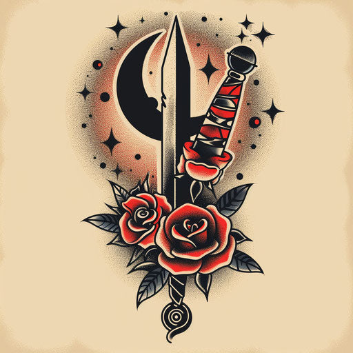 Traditional eclipse and roses tattoo