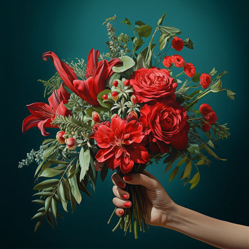 Flower bouquet on blue background, wim wenders style