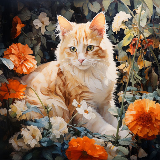 Orange cat in a flower bed with beautiful flowers