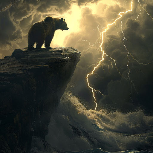 Grizzly bear on cliff overlooking stormy sea lightning