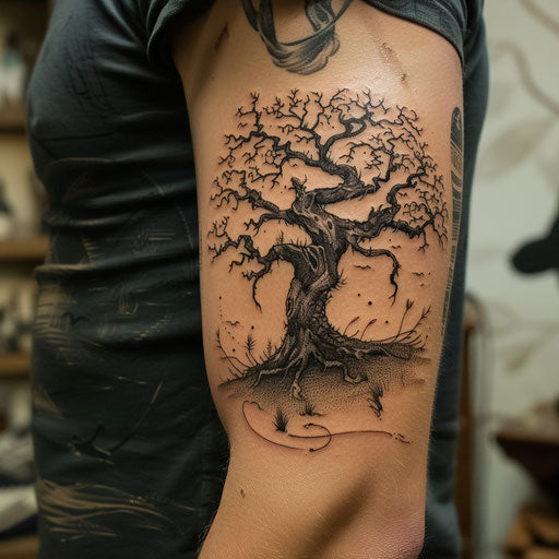 Bicep tattoo of an Elvish tree, Peter Jackson style