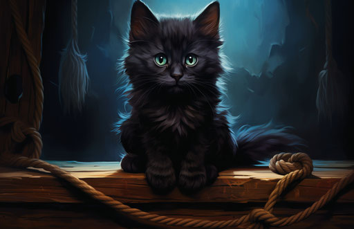 Black kitten sitting on a rope on a table, tesseract style