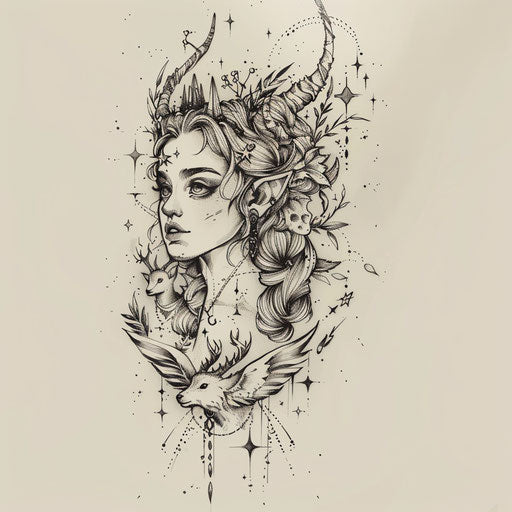 Elegant flat tattoo sketch of Artemis surrounded by stars and wildlife