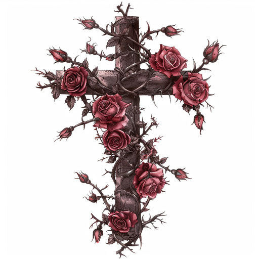 Cross tattoo with intertwined roses and thorns