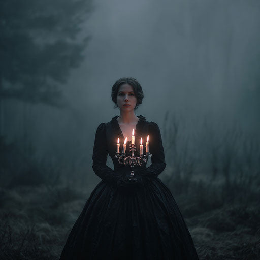 A woman in a dark gown holding a candelabra in the forest
