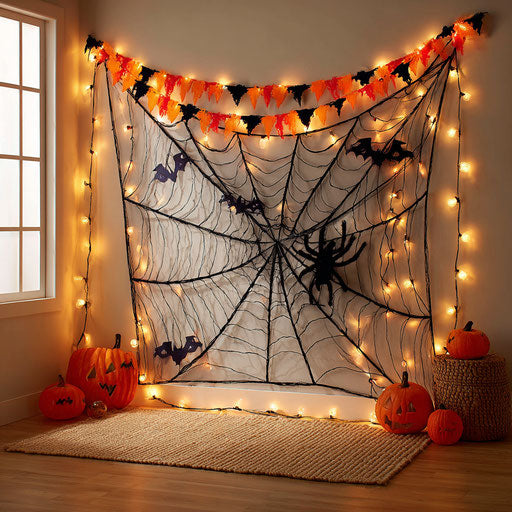 Halloween Room Decor with Lights and Spiderwebs