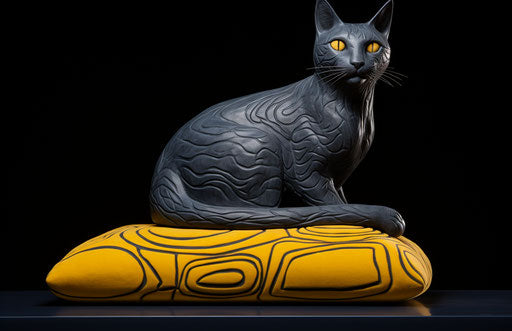 Gray cat on cushion, dark blue and yellow style, exaggerated