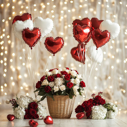 Valentine's Day backdrop with roses and heart balloons
