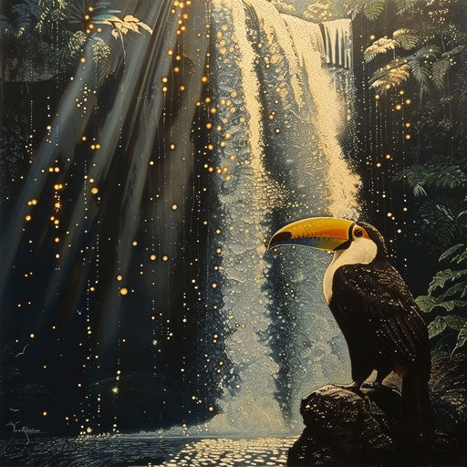 Toucan near a sparkling waterfall, Gregory Colbert style