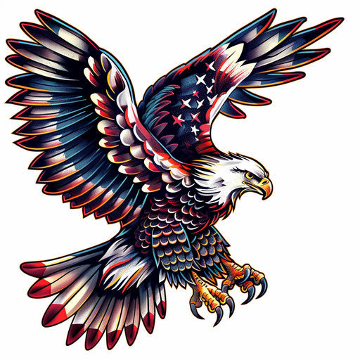 Classic American eagle tattoo design in black and traditional colors on white canvas